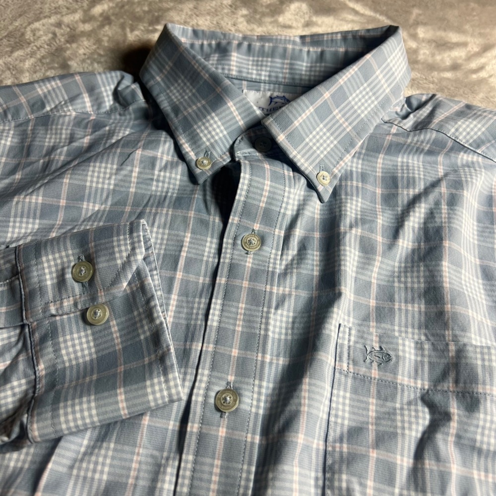 Southern Tide Men's L Button Down Shirt Blue Plaid Performance Stretch 10603